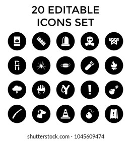 Danger icons. set of 20 editable filled danger icons such as spider, barrier, helmet, cone, chainsaw, sligshot, wolf. best quality danger elements in trendy style.