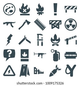 Danger icons. set of 25 editable filled danger icons such as barrier, bllade razor, wet floor, flash, chainsaw, sligshot, bonfire, radiation, no fire, exclamation point