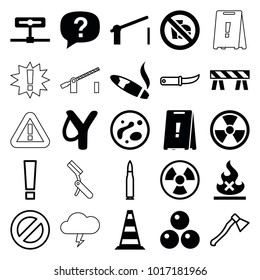 Danger icons. set of 25 editable filled and outline danger icons such as barrier, sligshot, exclamation, radiation, camera, no fast food, cannon ball, gardening knife
