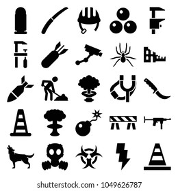 Danger icons. set of 25 editable filled danger icons such as cone barrier, wolf, helmet, security camera, cone, barrier, chainsaw, digging man, gardening knife