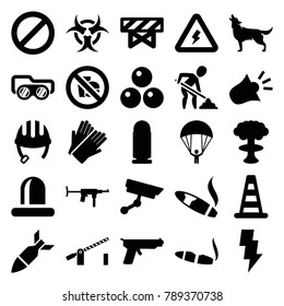 Danger icons. set of 25 editable filled danger icons such as cone barrier, wolf, barrier, helmet, cigarette, gloves, nuclear explosion, siren, prohibited, voltage warning