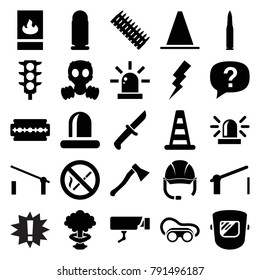 Danger icons. set of 25 editable filled danger icons such as barrier, cone barrier, siren, flash, welding glasses, exclamation, traffic light, fire protection, no smoking