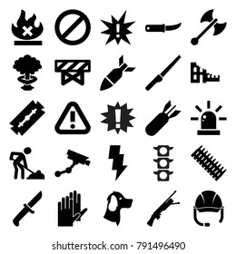 Danger icons. set of 25 editable filled danger icons such as barrier, razor, security camera, digging man, gardening knife, exclamation, no fire, prohibited, rocket bomb
