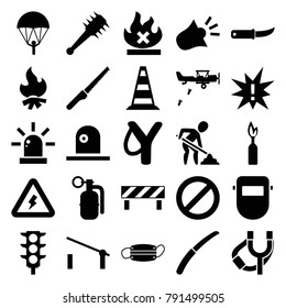 Danger icons. set of 25 editable filled danger icons such as barrier, welder mask, parachute, sligshot, gardening knife, exclamation, no fire, traffic light, prohibited