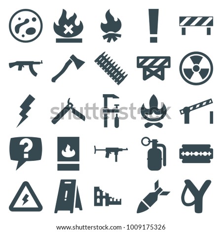 Danger icons. set of 25 editable filled danger icons such as barrier, bllade razor, wet floor, flash, chainsaw, sligshot, bonfire, radiation, no fire, exclamation point