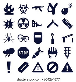 Danger icons set. set of 25 danger filled icons such as spider, thunder, helmet, razor, bllade razor, welding glasses, welder mask, warning, no fire, traffic light, bomb