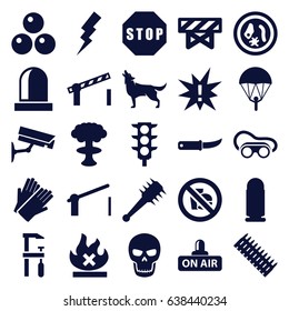 Danger icons set. set of 25 danger filled icons such as wolf, barrier, gloves, flash, welding glasses, chainsaw, gardening knife, no fire, traffic light, open air