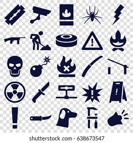 Danger icons set. set of 25 danger filled icons such as spider, barrier, razor, wet floor, flash, chainsaw, digging man, gardening knife, warning, no fire, bomb