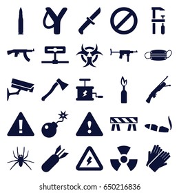 Danger icons set. set of 25 danger filled icons such as spider, cigarette, gloves, barrier, chainsaw, prohibited, bomb, medical mask, warning, voltage warning, security camera