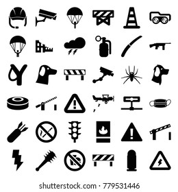 Danger icons. set of 36 editable filled danger icons such as cone barrier, thunder, spider, barrier, security camera, warning, parachute, sligshot, wolf, gardening knife