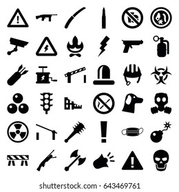Danger icons set. set of 36 danger filled icons such as barrier, helmet, flash, gardening knife, warning, siren, traffic light, bomb, medical mask, road barrier