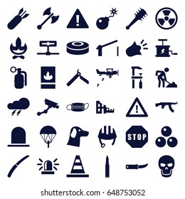 Danger icons set. set of 36 danger filled icons such as thunder, siren, helmet, bllade razor, security camera, cone, chainsaw, digging man, gardening knife, warning, bomb