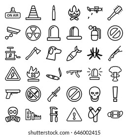 Danger icons set. set of 36 danger outline icons such as spider, siren, cigarette, cone, chainsaw, no fire, open air, prohibited, medical mask, warning, voltage warning