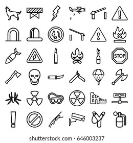 Danger icons set. set of 36 danger outline icons such as barrier, siren, spider, wolf, bllade razor, flash, welding glasses, gardening knife, no fire, prohibited, stop