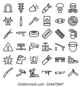 Danger icons set. set of 36 danger outline icons such as barrier, siren, razor, bllade razor, security camera, digging man, welder mask, gardening knife, traffic light