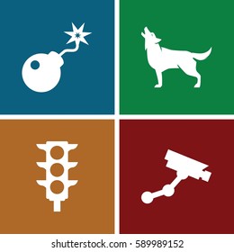 danger icons set. Set of 4 danger filled icons such as wolf, Security camera, traffic light