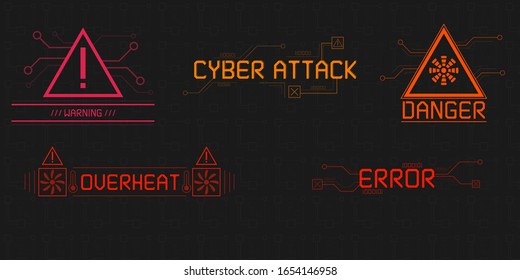 Danger icons set. 5 Warning signs in cyberpunk / digital style. Including cyber attack, overheat, error.