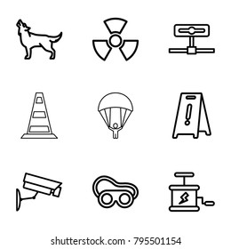 Danger icons. set of 9 editable outline danger icons such as wolf, wet floor, welding glasses, camera, security camera, dynamite, radiation, cone barrier