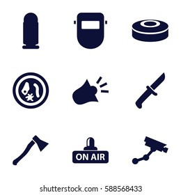 danger icons set. Set of 9 danger filled icons such as Security camera, welder mask, open air, siren, smoke bomb, axe weapon, knife, bullet