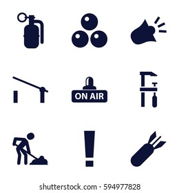 danger icons set. Set of 9 danger filled icons such as barrier, chainsaw, digging man, open air, siren, rocket bomb, dynamite, canon ball