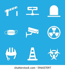 danger icons set. Set of 9 danger filled icons such as cone barrier, siren, helmet, medical mask, road barrier, security camera, hazzard, radiation