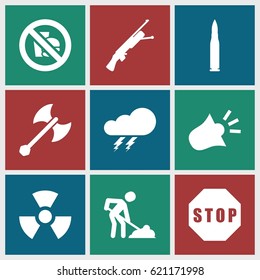 Danger icons set. set of 9 danger filled icons such as thunder, digging man, siren, stop, no fast food, radiation, axe weapon, bullet