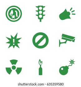 Danger icons set. set of 9 danger filled icons such as traffic light, bomb, siren, security camera, radiation, dynamite, microorganism, exclamation