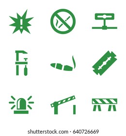 Danger icons set. set of 9 danger filled icons such as razor, siren, cigarette, barrier, chainsaw, road barrier, no smoking, exclamation