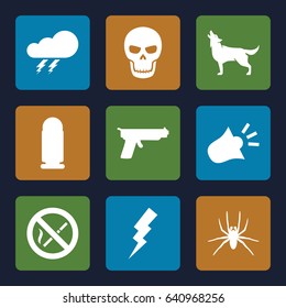 Danger icons set. set of 9 danger filled icons such as spider, wolf, thunder, flash, siren, no smoking, skull, bullet