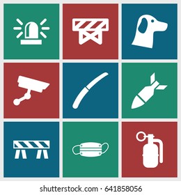 Danger icons set. set of 9 danger filled icons such as barrier, siren, gardening knife, medical mask, security camera, rocket bomb, dynamite