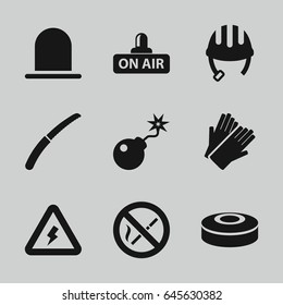 Danger icons set. set of 9 danger filled icons such as siren, helmet, gloves, gardening knife, open air, bomb, voltage warning, no smoking