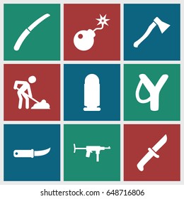 Danger icons set. set of 9 danger filled icons such as digging man, gardening knife, bomb, axe weapon, knife, bullet, submachine gun