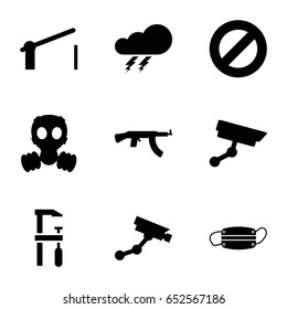 Danger icons set. set of 9 danger filled icons such as thunder, security camera, chainsaw, medical mask, barrier, security camera, gas mask, submachine gun