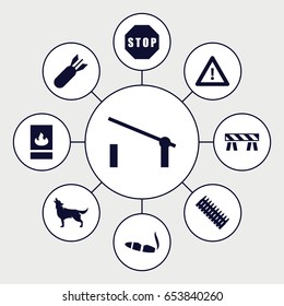 Danger icons set. set of 9 danger filled icons such as wolf, barrier, cigarette, warning, fire protection, stop, rocket bomb