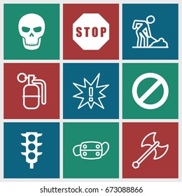 Danger icons set. set of 9 danger filled and outline icons such as traffic light, prohibited, stop, skull, digging man, medical mask, dynamite, axe weapon