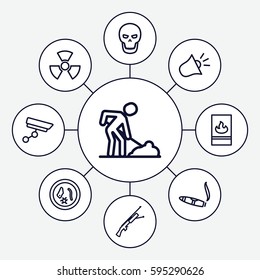 danger icons set. Set of 9 danger outline icons such as cigarette, digging man, fire protection, siren, security camera, skull, radiation, submachine gun