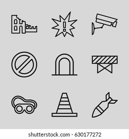 Danger icons set. set of 9 danger outline icons such as siren, barrier, cone, welding glasses, prohibited, security camera, rocket bomb, broken house