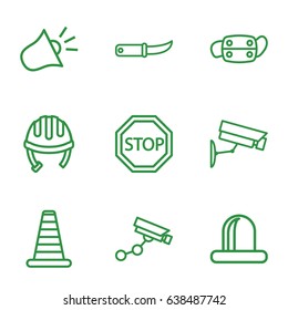 Danger icons set. set of 9 danger outline icons such as cone barrier, helmet, security camera, gardening knife, siren, medical mask, stop