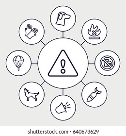 Danger icons set. set of 9 danger outline icons such as wolf, gloves, no fire, siren, warning, rocket bomb, no fast food