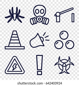 Danger icons set. set of 9 danger outline icons such as spider, cone, barrier, siren, voltage warning, hazzard, canon ball, gas mask