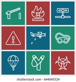 Danger icons set. set of 9 danger outline icons such as welding glasses, no fire, road barrier, warning, hazzard, military plane, camera, parachute