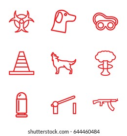 Danger icons set. set of 9 danger outline icons such as wolf, cone, welding glasses, barrier, hazzard, bullet, submachine gun
