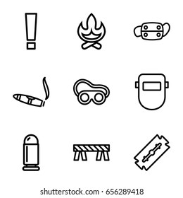 Danger icons set. set of 9 danger outline icons such as razor, cigarette, barrier, welding glasses, welder mask, medical mask, bullet, exclamation point