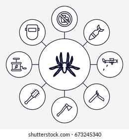 Danger icons set. set of 9 outline icons such as spider, razor, welder mask, rocket bomb, dynamite, mace, axe weapon, military plane