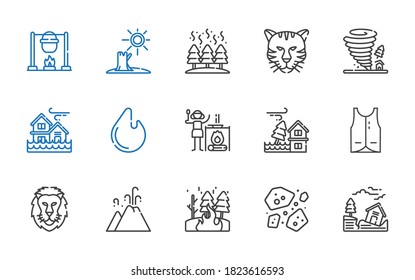 danger icons set. Collection of danger with earthquake, asteroids, fire, eruption, lion, vest, flood, campfire, tornado, tiger, drought, bonfire. Editable and scalable danger icons.