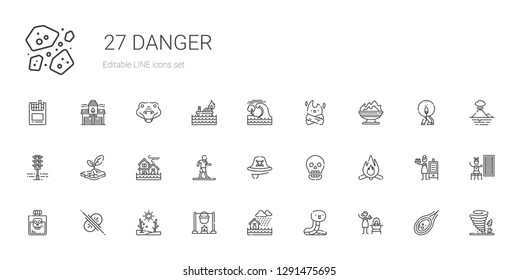 danger icons set. Collection of danger with fire, snake, flood, bonfire, drought, collision, poison, skull, pirate, walking, traffic light. Editable and scalable danger icons.