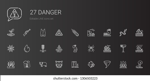 danger icons set. Collection of danger with tornado, iceberg, wet floor, tiger, ox, acid rain, fire, flood, spider, fire extinguisher, traffic light. Editable and scalable danger icons.