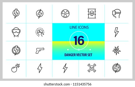 Danger icons. Set of line icons. Caution, high voltage, radiation hazard. Danger concept. Vector illustration can be used for topics like protection, high risk area, precaution.