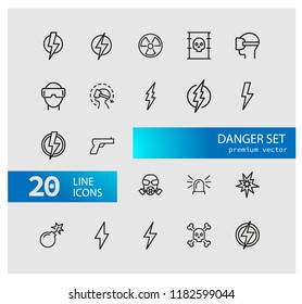 Danger icons. Set of line icons. Caution, high voltage, radiation hazard. Danger concept. Vector illustration can be used for topics like protection, high risk area, precaution.