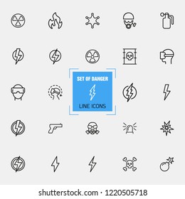 Danger icons. Set of line icons. Caution, high voltage, radiation hazard. Danger concept. Vector illustration can be used for topics like protection, high risk area, precaution.
